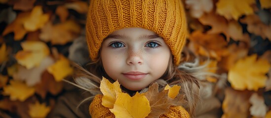 Cheerful girl holding autumn leaves surrounded by fallen foliage in a warm knitted hat and cozy sweater outdoors in autumn setting