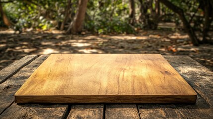 Poster - Brown wooden table on tropical beach with blurred nature background, ideal for product display mockup in summer scene and travel theme.