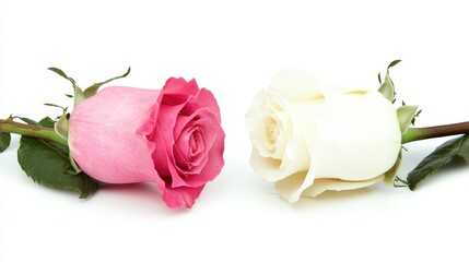 Poster - Elegant pink and white roses with lush green leaves on a clean white background showcasing natural beauty and floral elegance.