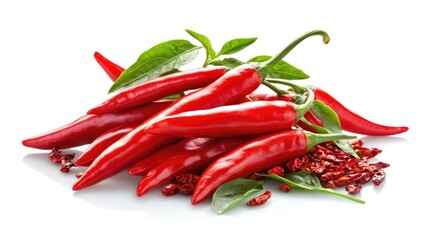 Aufkleber - Red chili peppers with green leaves on a white background showcasing vibrant colors and freshness ideal for culinary or spice themes.