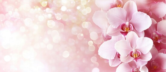Poster - Elegant pink and white orchids blended with a soft bokeh background creating a serene and beautiful floral backdrop for design projects.