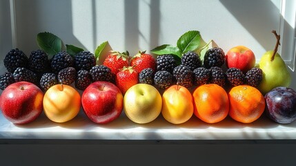 Poster - Fruit assortment casting shadows on a white background showcasing vibrant colors and textures of apples, berries, and stone fruits