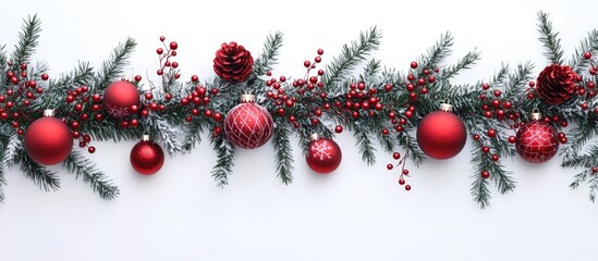 Poster - Christmas flat lay featuring red ornaments and pine decorations on a white backdrop ideal for greeting card design and winter holiday themes