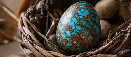 Aufkleber - Colorful Easter eggs nestled in a rustic basket with natural textures and a warm, inviting atmosphere perfect for springtime celebrations.