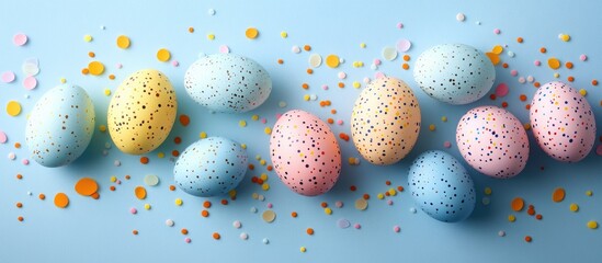 Poster - Colorful speckled Easter eggs with confetti on a blue background for festive spring celebrations and seasonal decorations.