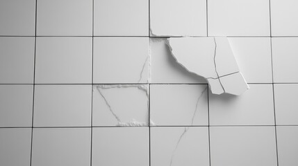 Aufkleber - Broken white marble tile wall with cracks and damages showcasing a sleek monochrome design in a minimalist setting.