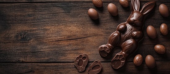 Aufkleber - Chocolate bunny with paw prints surrounded by chocolate eggs on a rustic wooden background for Easter themed decorations and celebrations