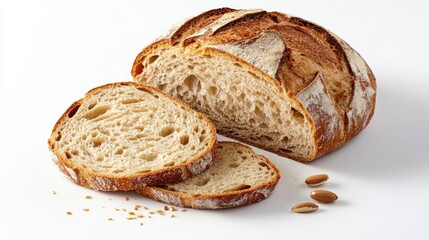 Aufkleber - Sliced artisan wheat bread showcasing texture and freshness on a clean white background with scattered seeds for added detail