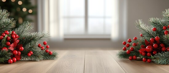 Aufkleber - Festive wooden table with Christmas greenery and baubles in soft focus background creating a cozy holiday atmosphere