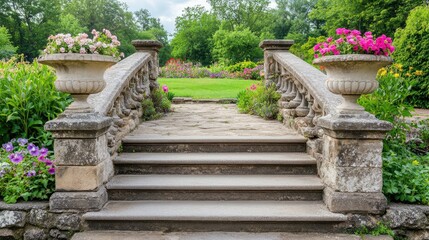 Poster - Vintage stone stairs with decorative railings leading to a lush garden adorned with vibrant flowers and classic architecture.