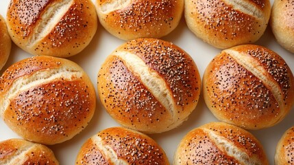 Poster - Freshly baked bread rolls with a golden crust and poppy seed topping arranged on a white surface for a delicious bakery display.