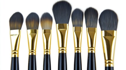 Poster - Variety of professional paintbrushes arranged on a white background showcasing their distinct shapes and sizes for artists and creatives.