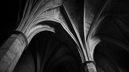 Poster - Monochrome view of intricate architectural arches highlighting details and textures in a historic canopy design