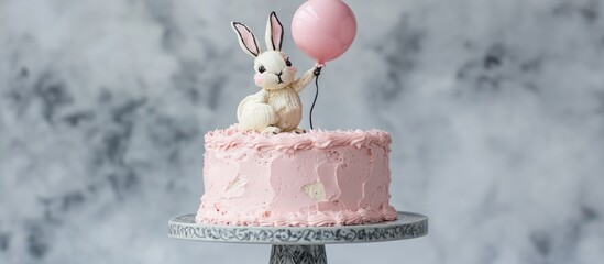 Aufkleber - Birthday cake with pink cream frosting topped by a mastic rabbit holding a balloon perfect for children's celebrations or festive occasions