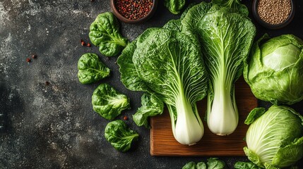 Aufkleber - Fresh bok choy and green cabbage displayed on a rustic wooden board with scattered seeds and greens creating a vibrant culinary scene.