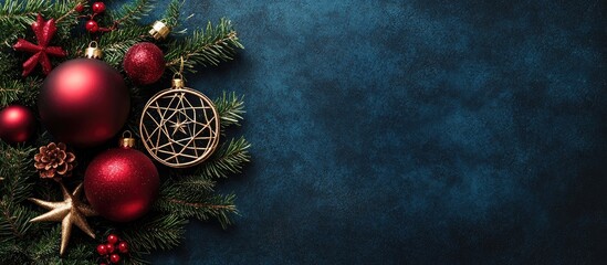 Aufkleber - Christmas and New Year decoration with red ornaments and festive elements on a blue textured background