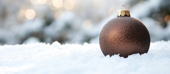 Poster - Brown Christmas bauble on a snowy surface creating a festive holiday atmosphere with blurred background lights for seasonal decoration theme
