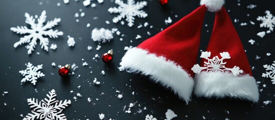 Poster - Festive Red Christmas Hats Surrounded by Winter Snowflakes and Ornament Decorations on Dark Background