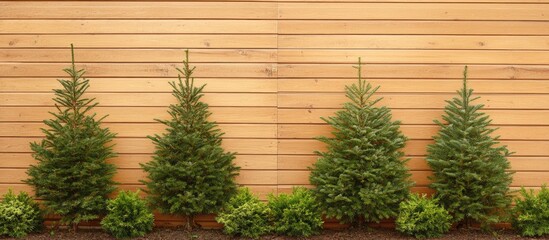 Poster - Natural fir spruce trees against a wooden backdrop perfect for Christmas and New Year holiday greetings space for text banner design