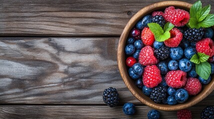 Aufkleber - Bowl of fresh mixed berries including raspberries blueberries and blackberries on a rustic wooden background