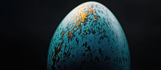 Aufkleber - Close-up of a textured blue multicolored egg with orange accents against a dark background showcasing artistic details and unique patterns