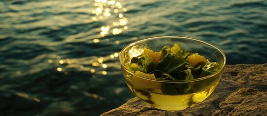Aufkleber - Brunch salad in a glass overlooking the shimmering sea under warm sunlight ambiance
