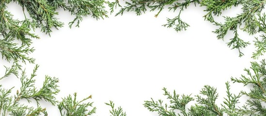 Poster - Christmas fir branch border on white background with flat lay arrangement, empty space for text or decorations, festive nature concept.