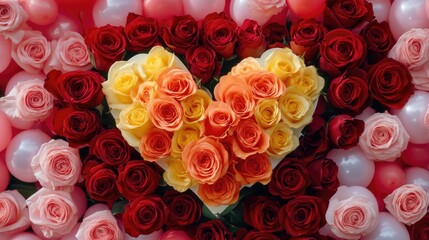 Aufkleber - Vibrant heart shaped arrangement of colorful roses and balloons creating a romantic backdrop for celebrations and special occasions