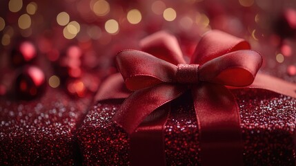Aufkleber - Elegant red gift bow on a sparkling present with soft blurred background ideal for holiday themes and text overlay.