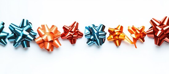 Poster - Colorful gift bows arranged in a row on a clean white background ideal for festive occasions and holiday celebrations.
