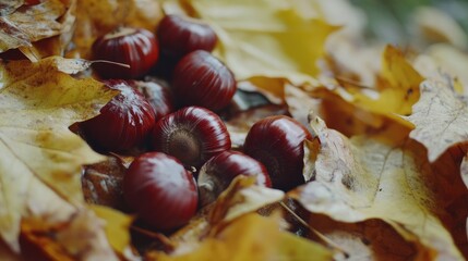 Poster - Chestnuts resting on colorful autumn leaves creating a natural seasonal display on a textured surface