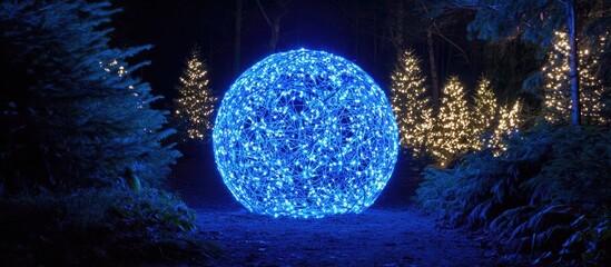 Aufkleber - Illuminated blue Christmas ball surrounded by vibrant fir trees creating a festive atmosphere in a nighttime setting