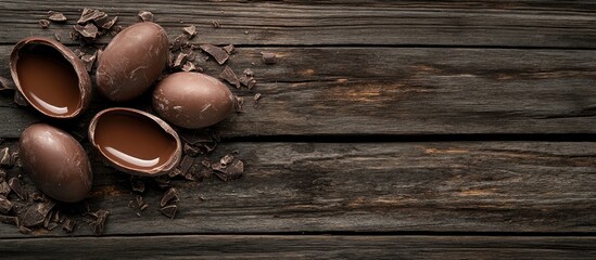 Aufkleber - Chocolate Easter eggs arranged on rustic wooden surface with chocolate shavings and ample copy space for festive themes or promotions