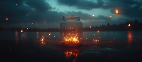 Aufkleber - Bengal lights glowing in a glass jar against a vibrant night backdrop creating a festive atmosphere with sparkling effects