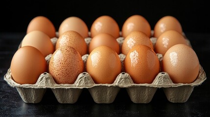 Aufkleber - Fresh chicken eggs arranged on a carton tray with a sleek black background showcasing their natural colors and textures.