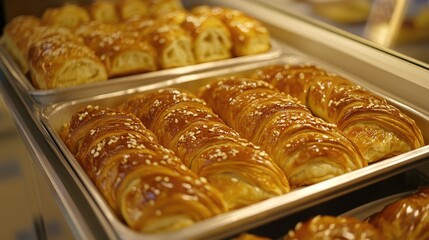 Poster - Freshly baked golden pastries arranged neatly on a display tray in a bakery setting, inviting and deliciously tempting for customers.
