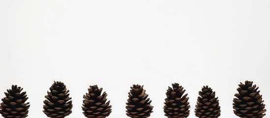 Poster - Minimalist Christmas backdrop with pine cones arranged against a clean white background for festive decoration and branding purposes.
