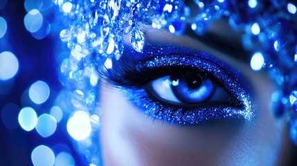 Poster - Mesmerizing close-up of a woman's eye adorned with blue glitter and sparkling bokeh background capturing elegance and beauty.