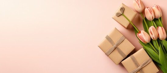 Poster - Pink tulip bouquet and gift boxes arranged on a soft pink background ideal for floral gifts and holiday celebrations with copy space