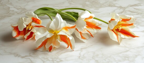 Aufkleber - Vivid orange and white tulips on a marble surface symbolizing spring with space for customizable holiday greetings and text.