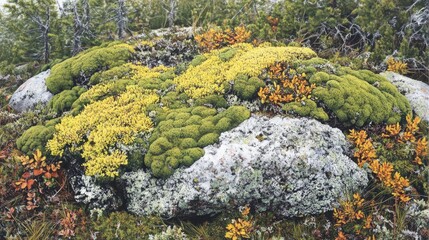 Poster - Vibrant yellow and green moss covering rocks with lichen on winter trees by a serene lake landscape in nature.