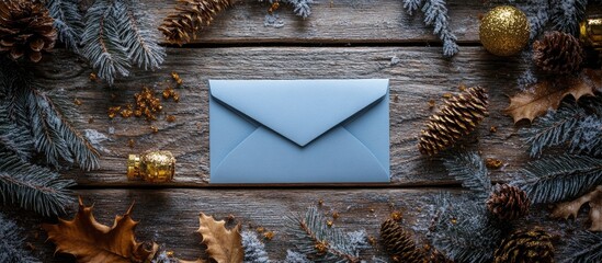 Poster - Winter rustic scene featuring a blank blue envelope surrounded by golden toys pinecones and evergreen branches with ample copy space
