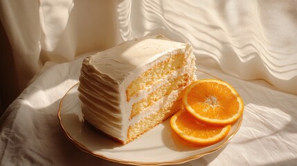 Aufkleber - Delicious cream cake with orange slices elegantly arranged on a plate in a softly lit interior setting. Perfect for dessert promotions.