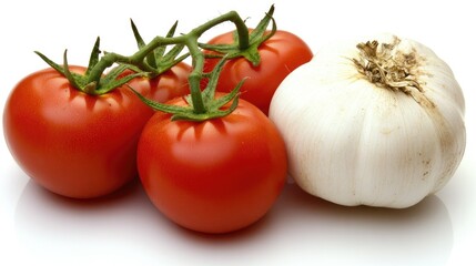 Poster - Fresh red tomatoes and garlic bulb arranged on a clean white background highlighting natural and vibrant ingredients for culinary use
