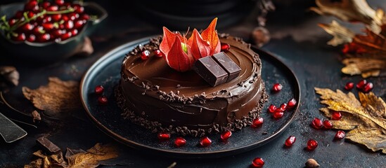 Poster - Decadent chocolate cake adorned with physalis and pomegranate on a rustic table surrounded by autumn leaves and chocolate pieces