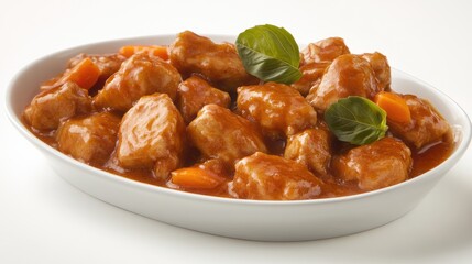 Poster - Chicken Stir Fry with Carrots served in a white dish garnished with fresh herbs on a clean white background