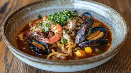 Poster - Delicious Champon noodle soup with seafood and fresh vegetables in a rustic bowl on a wooden table