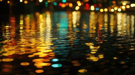 Poster - Bokeh lights reflection on water surface creating an artistic and colorful abstract background for design and decoration purposes