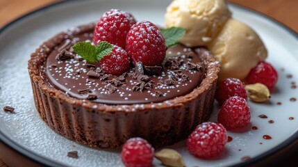 Poster - Chocolate souffle tart topped with fresh raspberries and garnished with cardamom ice cream on a decorative plate