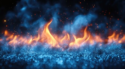Aufkleber - Blue firestorm with vibrant blue and orange flames on a dark background creating an abstract impression of real fire and glowing sparks